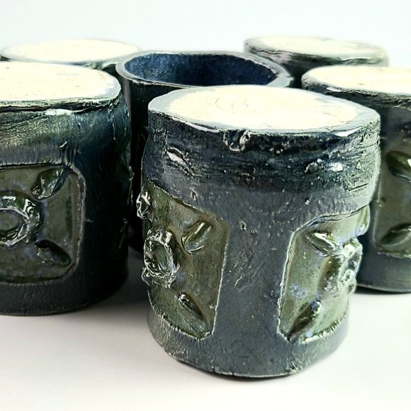 Vintage- Signed - Dark Blue Handmade Stoneware Tea Set with 6 Cups - Picture 7 of 12